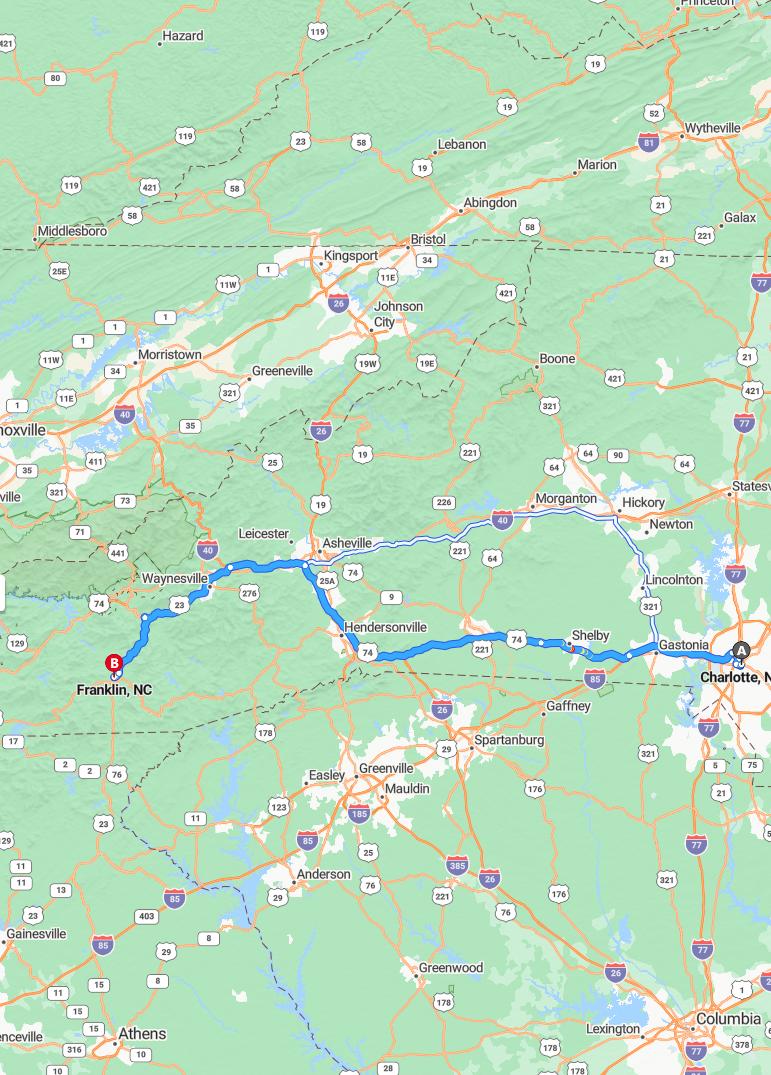 driving from Charlotte, North Carolina to FranklinNorth Carolina - map and route