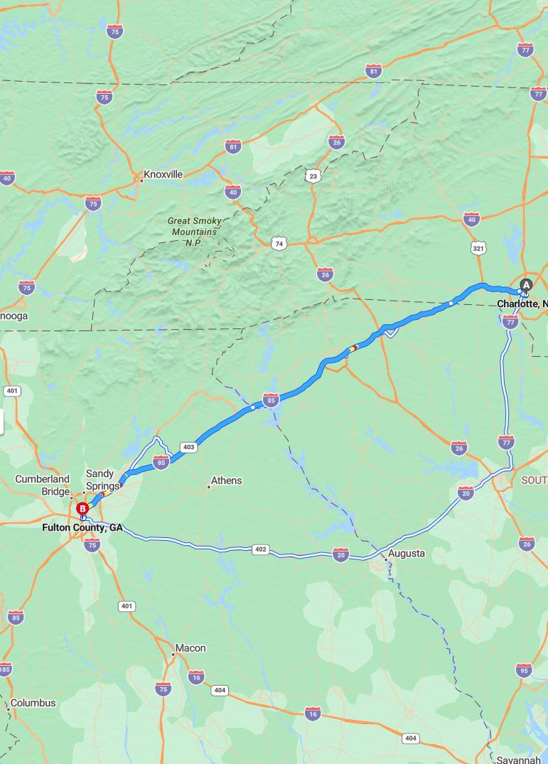 driving from Charlotte, North Carolina to FultonGeorgia - map and route