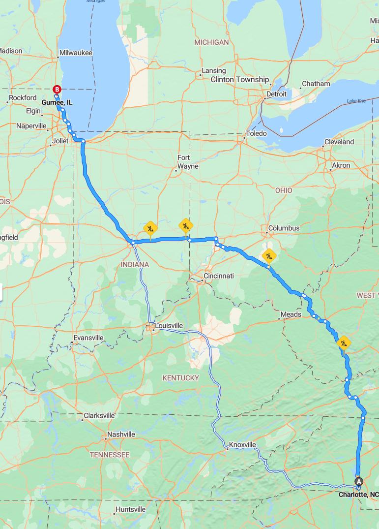 driving from Charlotte, North Carolina to GurneeIllinois - map and route