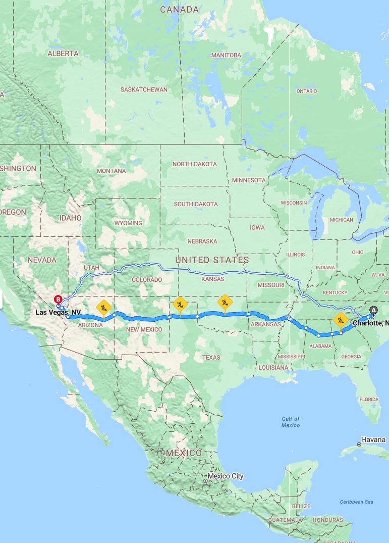 driving from Charlotte, North Carolina to Las VegasNevada - map and route