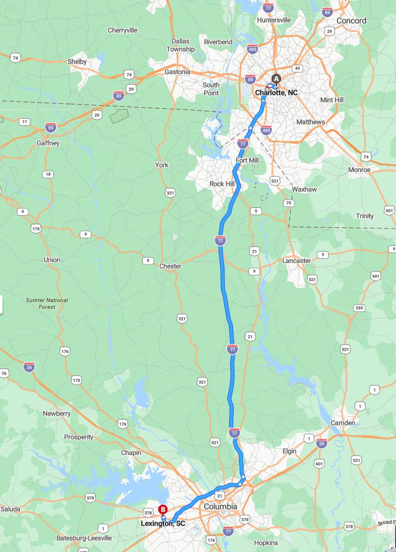 driving from Charlotte, North Carolina to LexingtonSouth Carolina - map and route