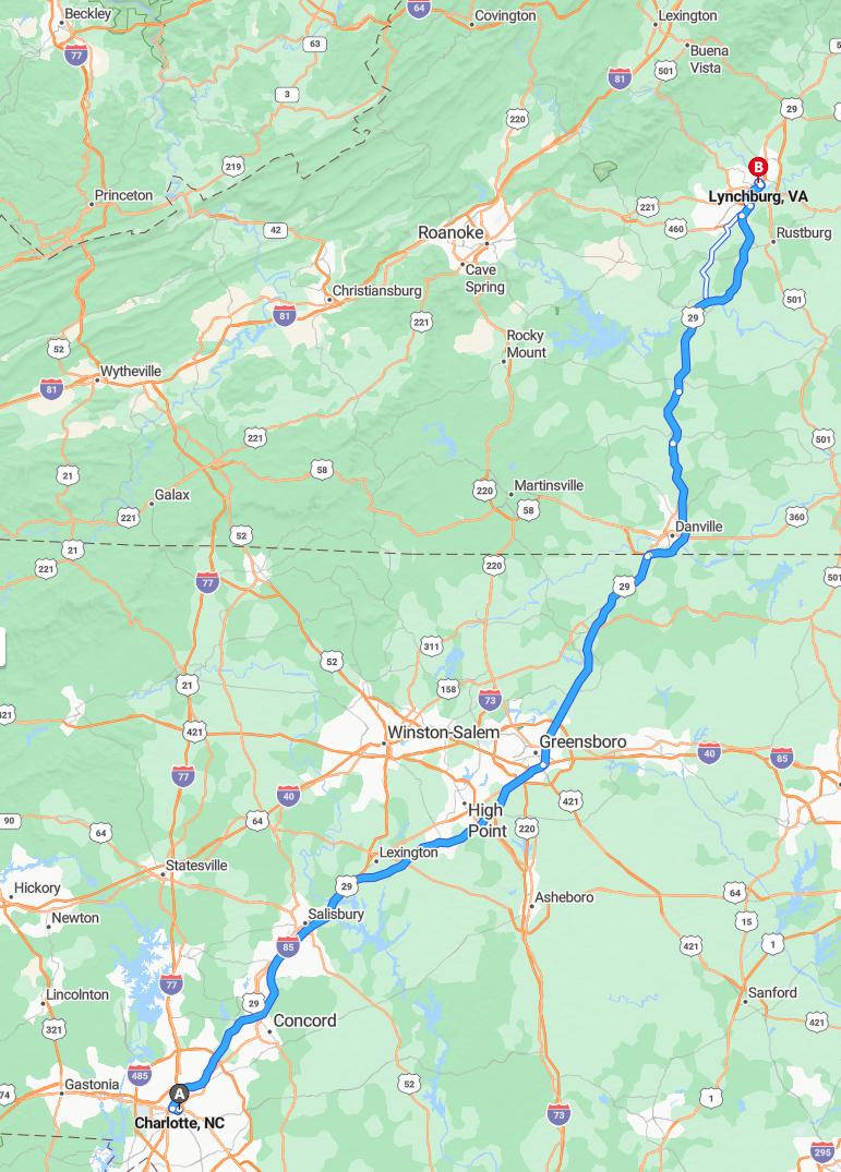 driving from Charlotte, North Carolina to LynchburgVirginia - map and route