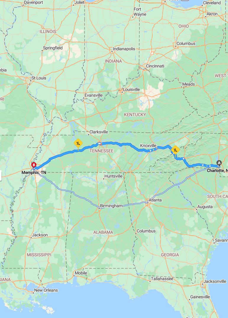 driving from Charlotte, North Carolina to MemphisTennessee - map and route