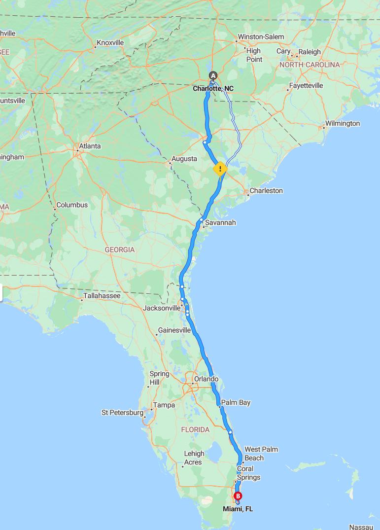 driving from Charlotte, North Carolina to MiamiFlorida - map and route