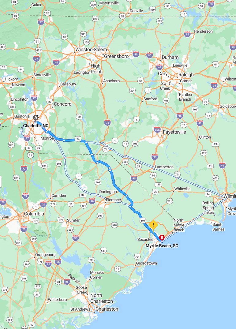 driving from Charlotte, North Carolina to Myrtle BeachSouth Carolina - map and route