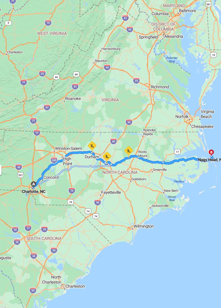 driving from Charlotte, North Carolina to Nags HeadNorth Carolina - map and route