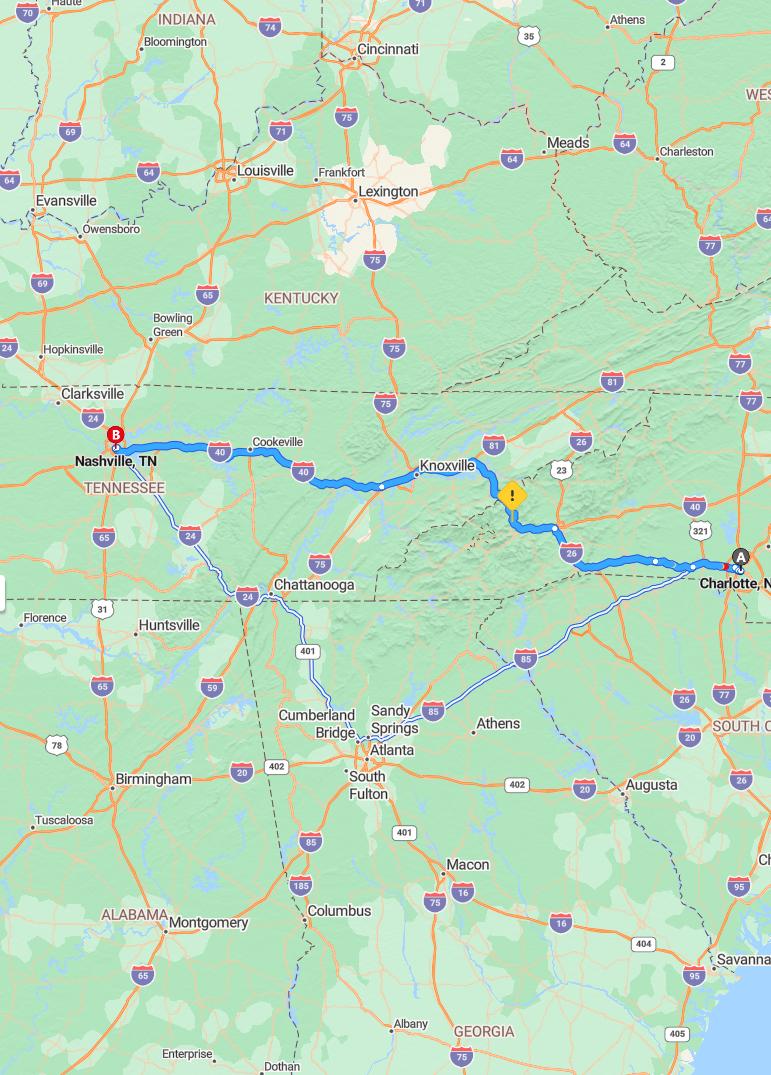 driving from Charlotte, North Carolina to NashvilleTennessee - map and route