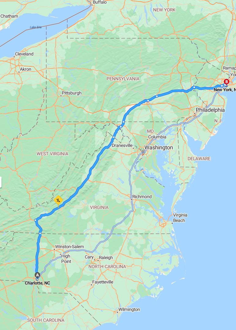 driving from Charlotte, North Carolina to New York CityNew York - map and route