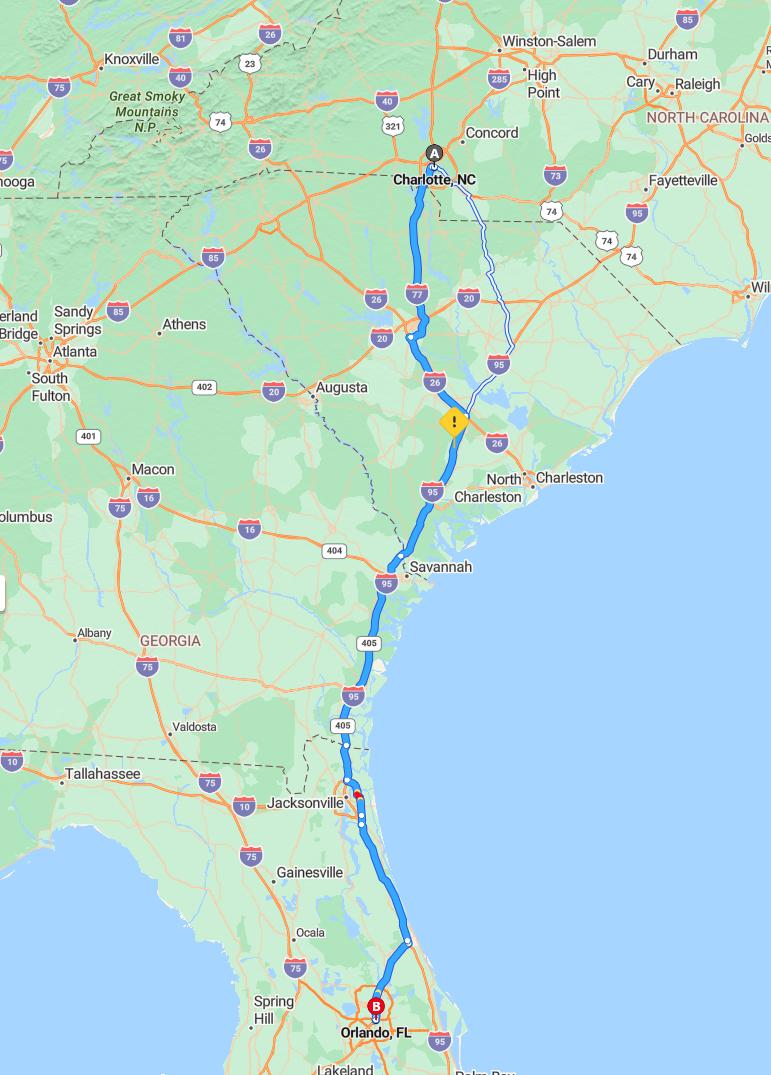 driving from Charlotte, North Carolina to OrlandoFlorida - map and route