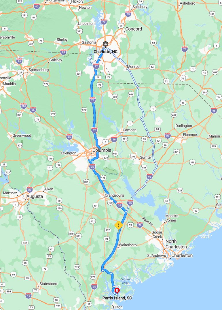 driving from Charlotte, North Carolina to Parris IslandSouth Carolina - map and route