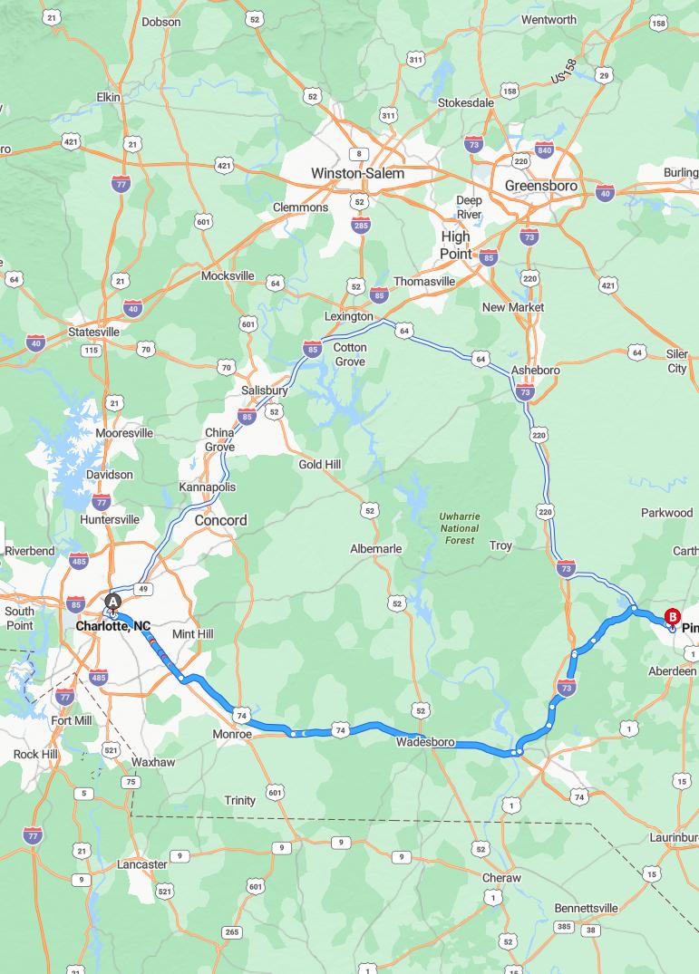 driving from Charlotte, North Carolina to PinehurstNorth Carolina - map and route