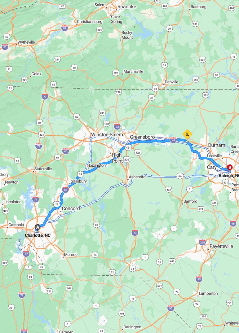 driving from Charlotte, North Carolina to RaleighNorth Carolina - map and route