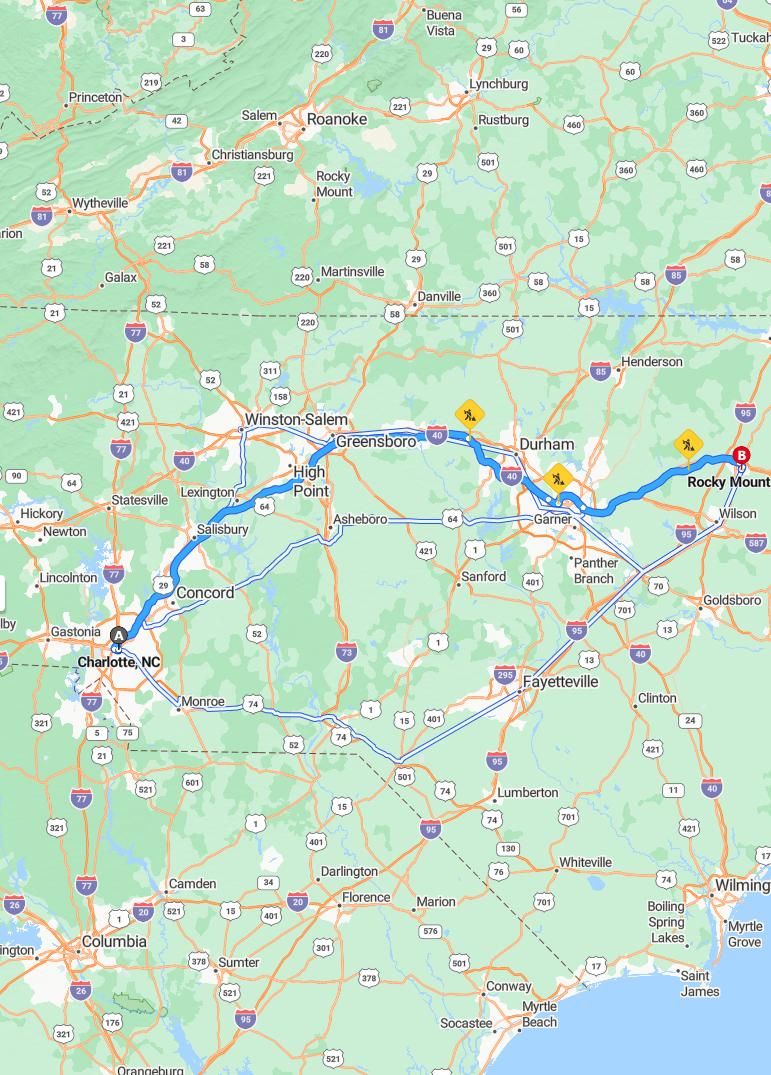 driving from Charlotte, North Carolina to Rocky MountNorth Carolina - map and route