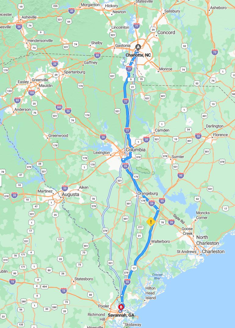 driving from Charlotte, North Carolina to SavannahGeorgia - map and route