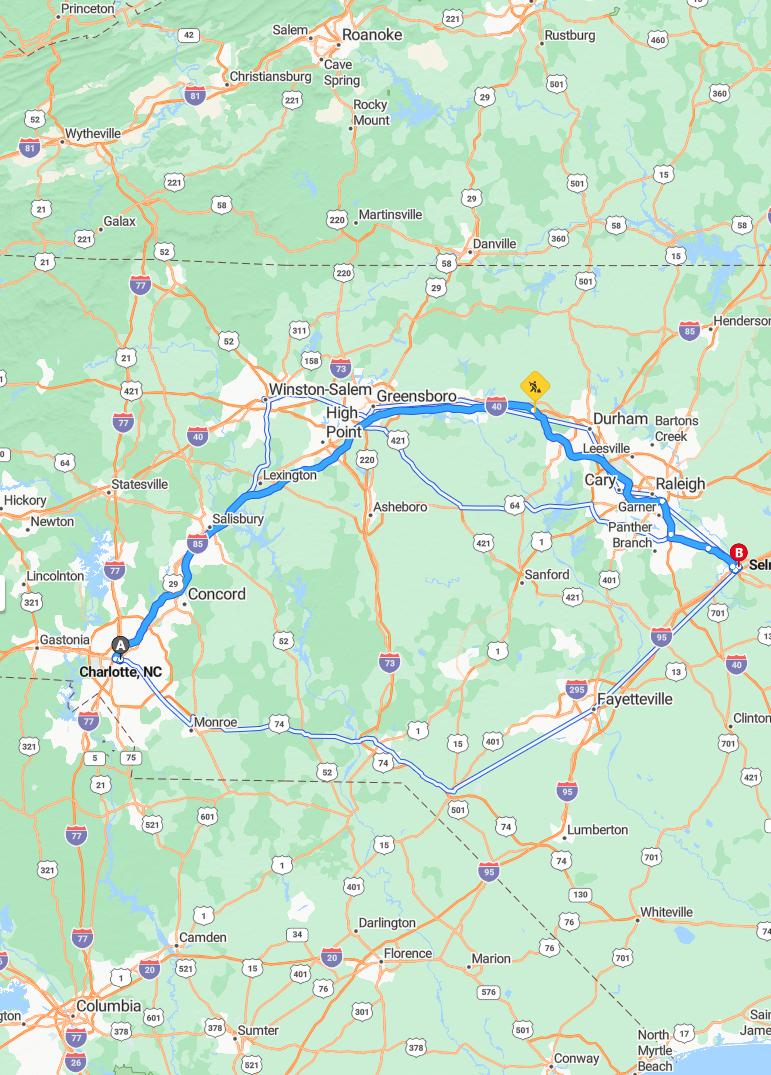 driving from Charlotte, North Carolina to SelmaNorth Carolina - map and route