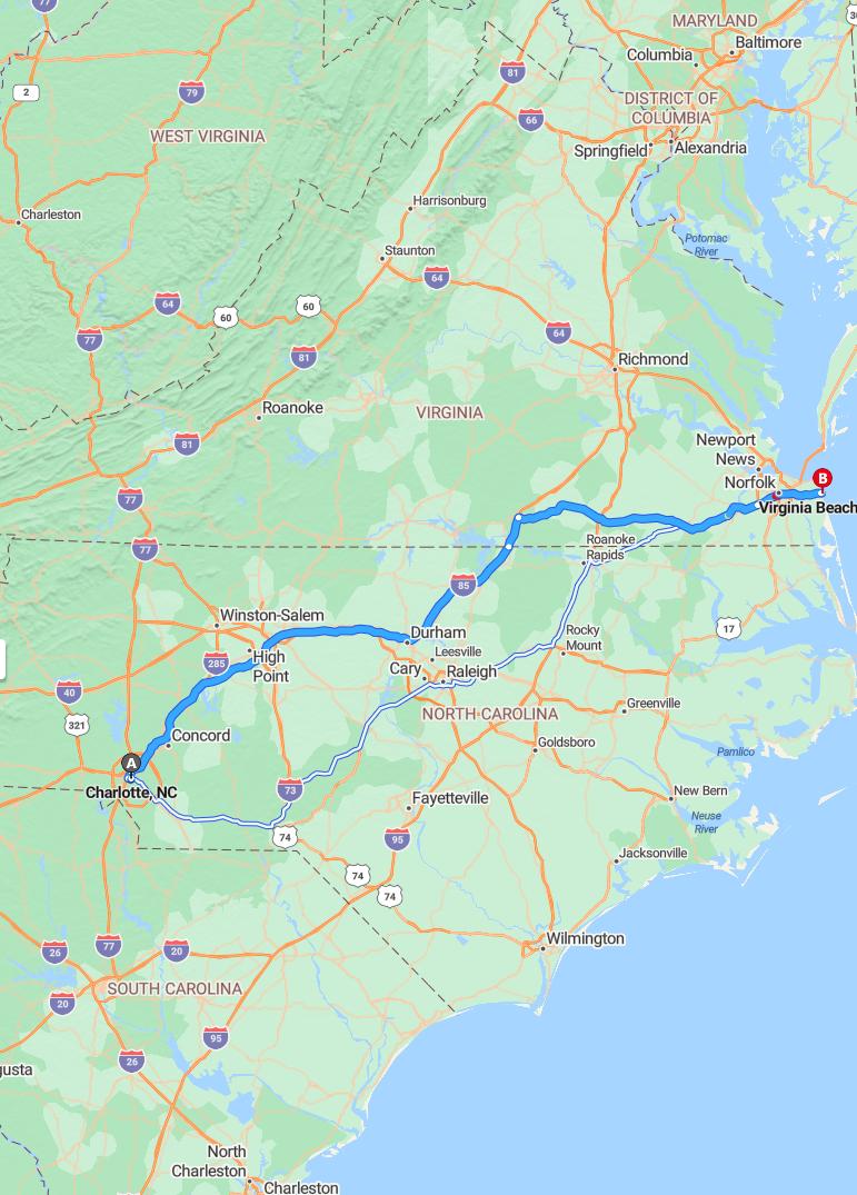 driving from Charlotte, North Carolina to Virginia BeachVirginia - map and route