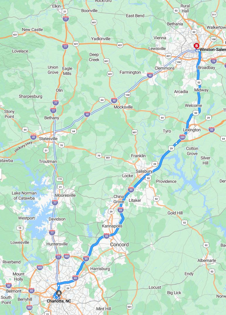 driving from Charlotte, North Carolina to Winston-SalemNorth Carolina - map and route