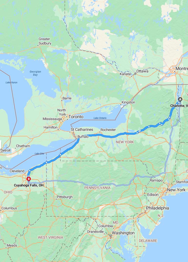 driving from Charlotte, Vermont to Cuyahoga FallsOhio - map and route
