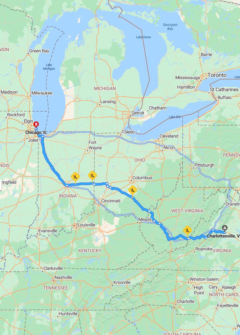 driving from Charlottesville, Virginia to ChicagoIllinois - map and route