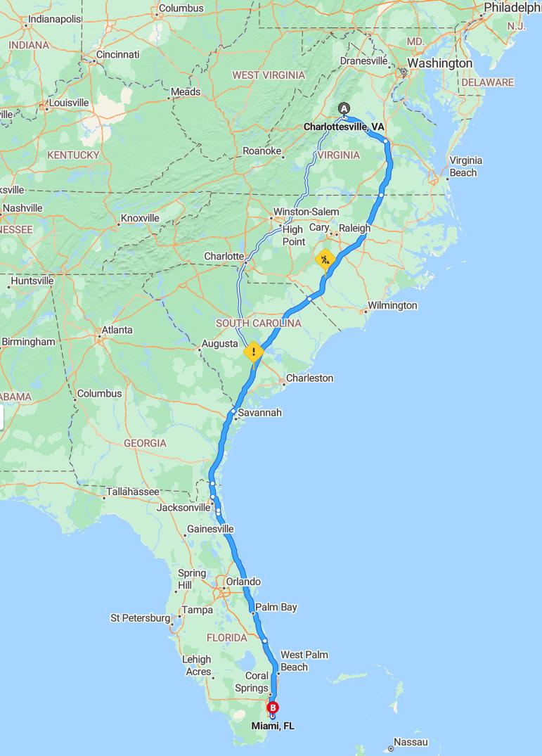 driving from Charlottesville, Virginia to MiamiFlorida - map and route