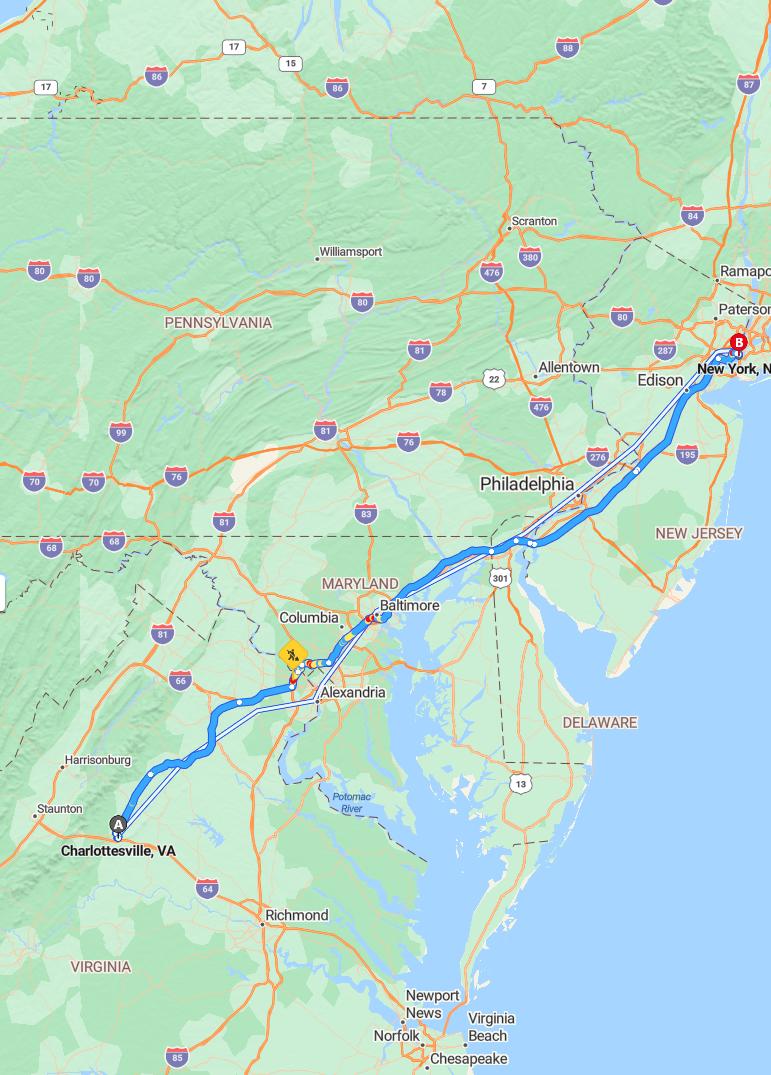 driving from Charlottesville, Virginia to New YorkNew York - map and route