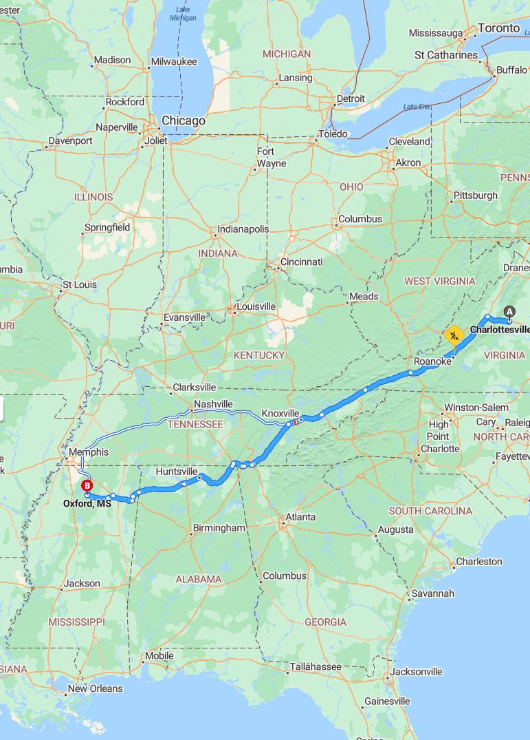 driving from Charlottesville, Virginia to OxfordMississippi - map and route