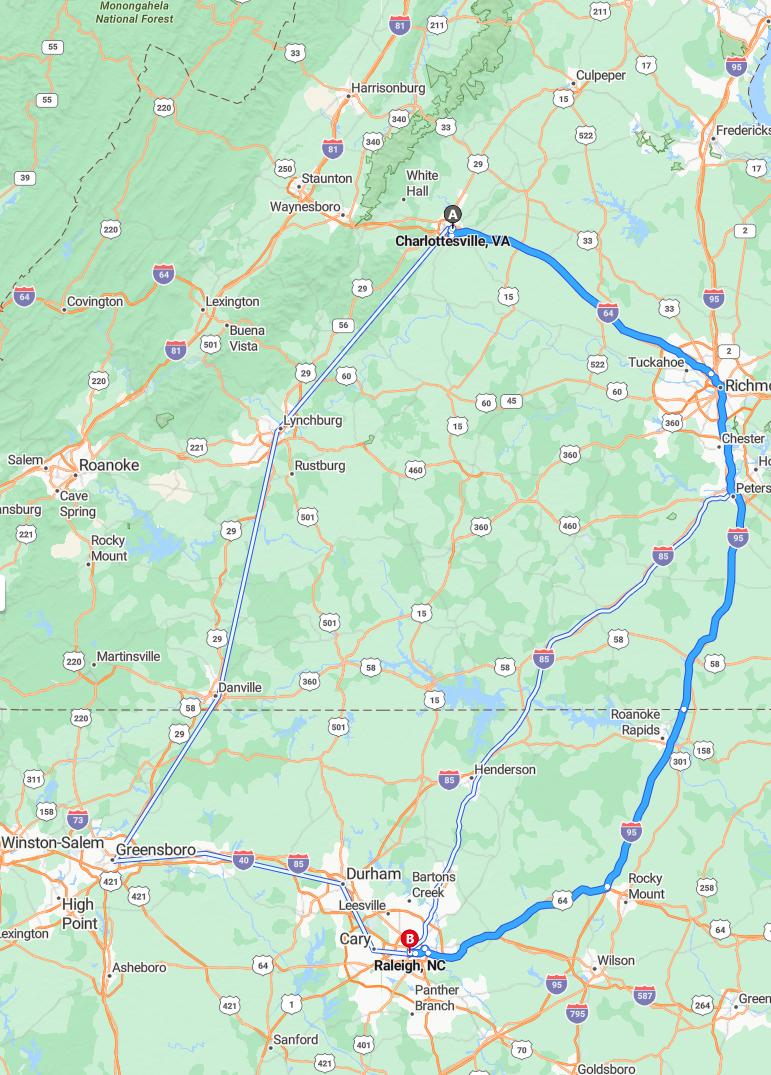 driving from Charlottesville, Virginia to RaleighNorth Carolina - map and route