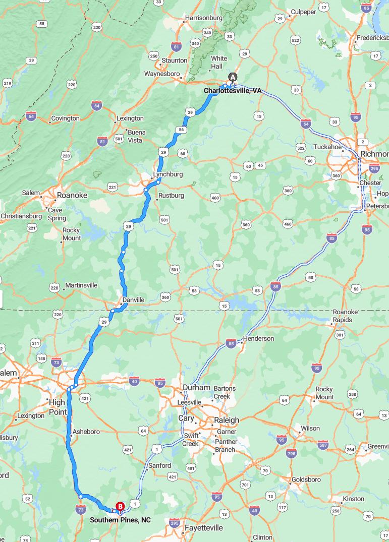 driving from Charlottesville, Virginia to Southern PinesNorth Carolina - map and route