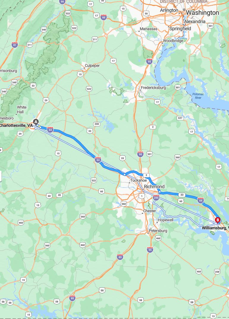 driving from Charlottesville, Virginia to WilliamsburgVirginia - map and route