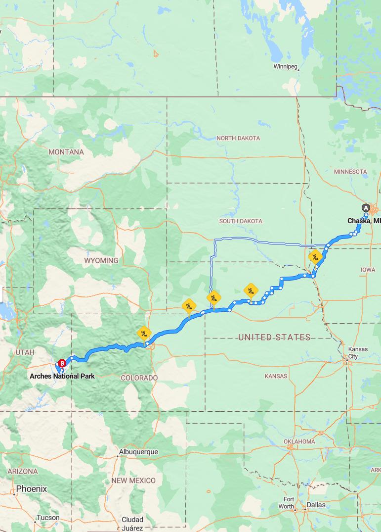 driving from Chaska, Minnesota to Arches National ParkUtah - map and route