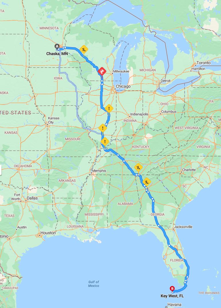 driving from Chaska, Minnesota to Key WestFlorida - map and route