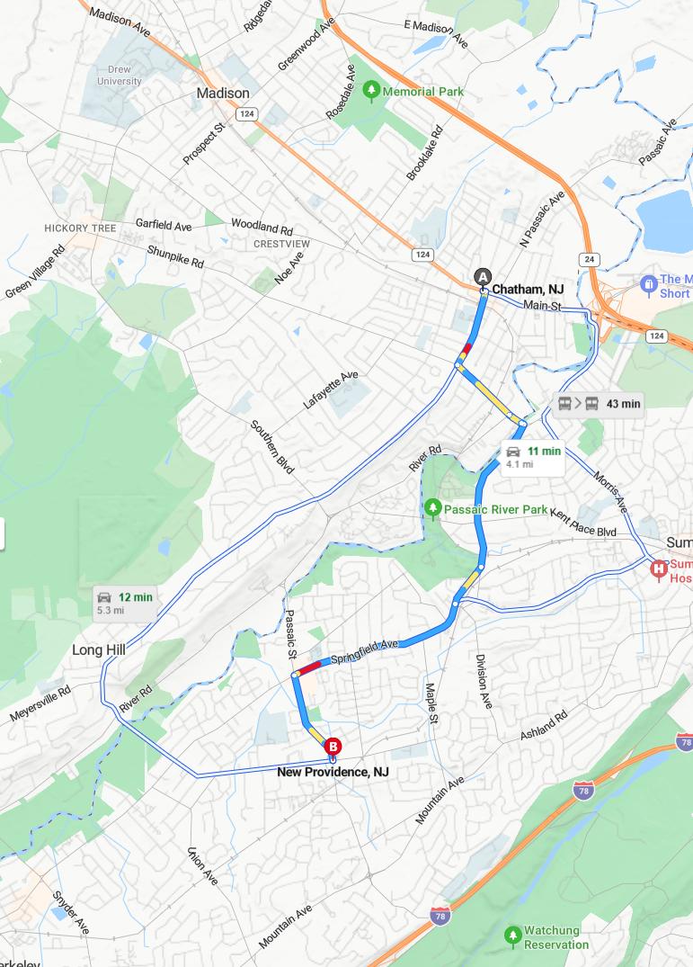 driving from Chatham, New Jersey to New ProvidenceNew Jersey - map and route