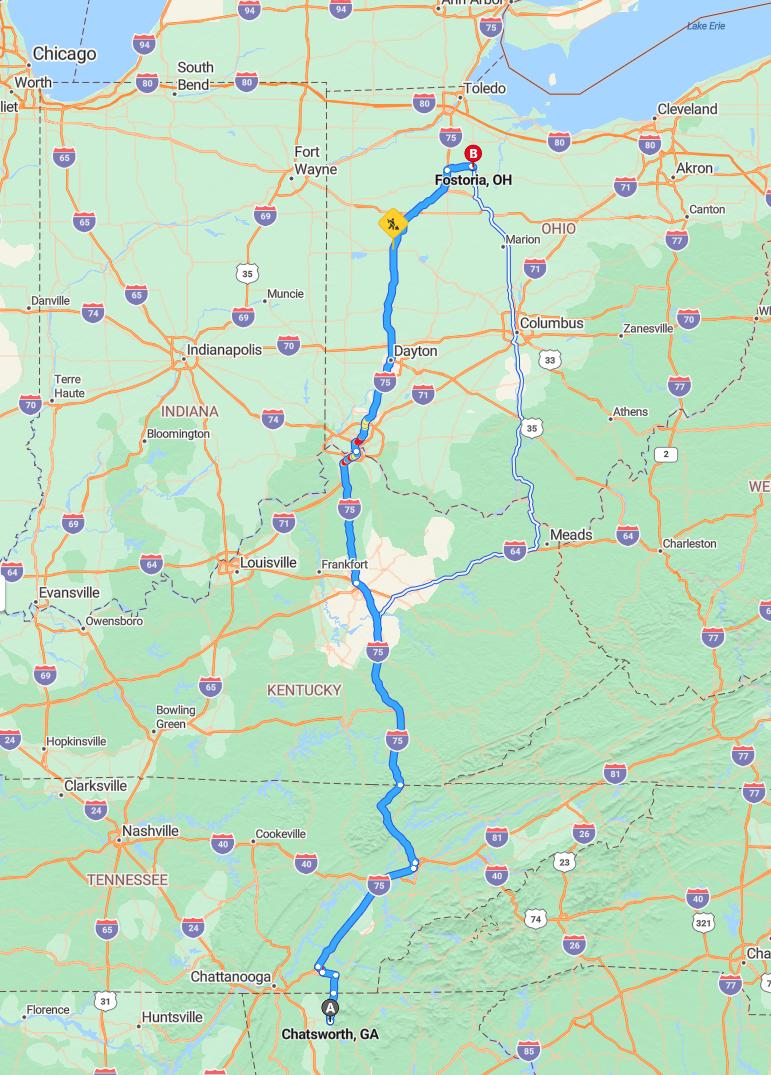 driving from Chatsworth, Georgia to FostoriaOhio - map and route