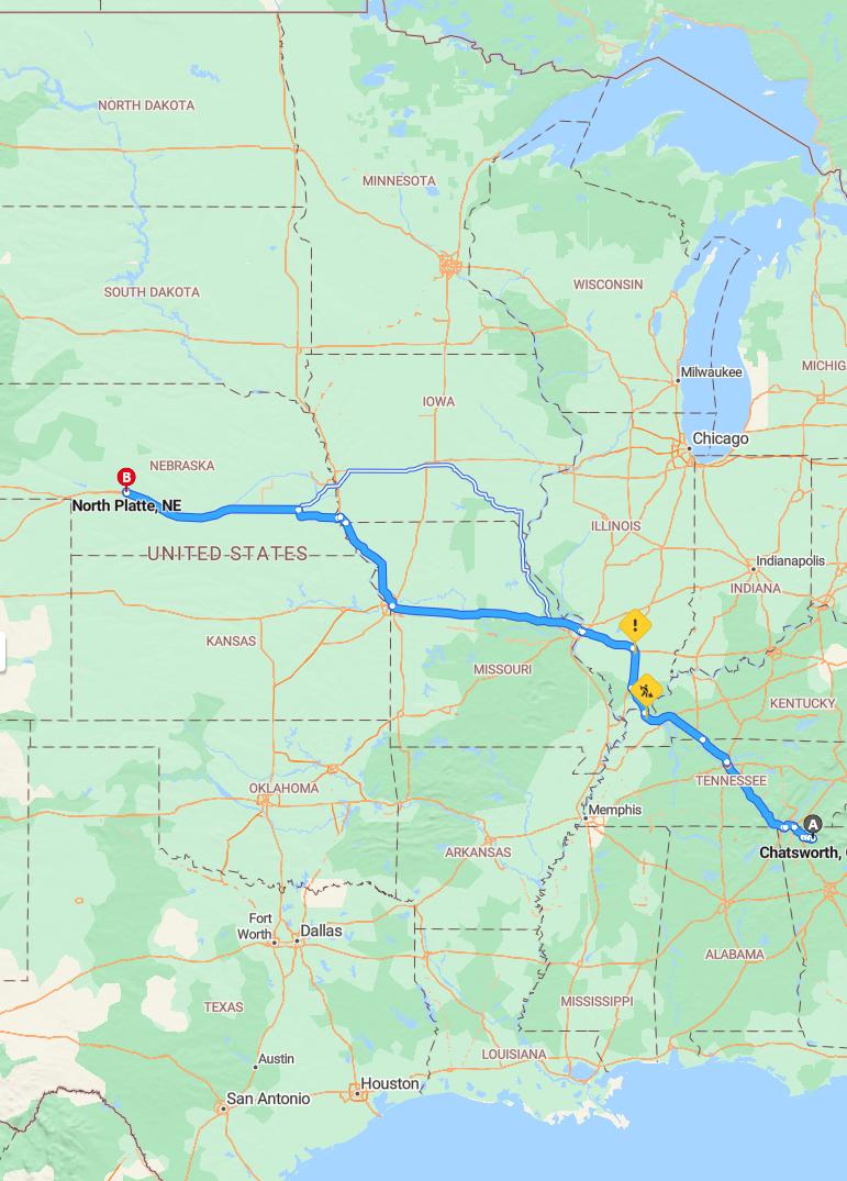 driving from Chatsworth, Georgia to North PlatteNebraska - map and route