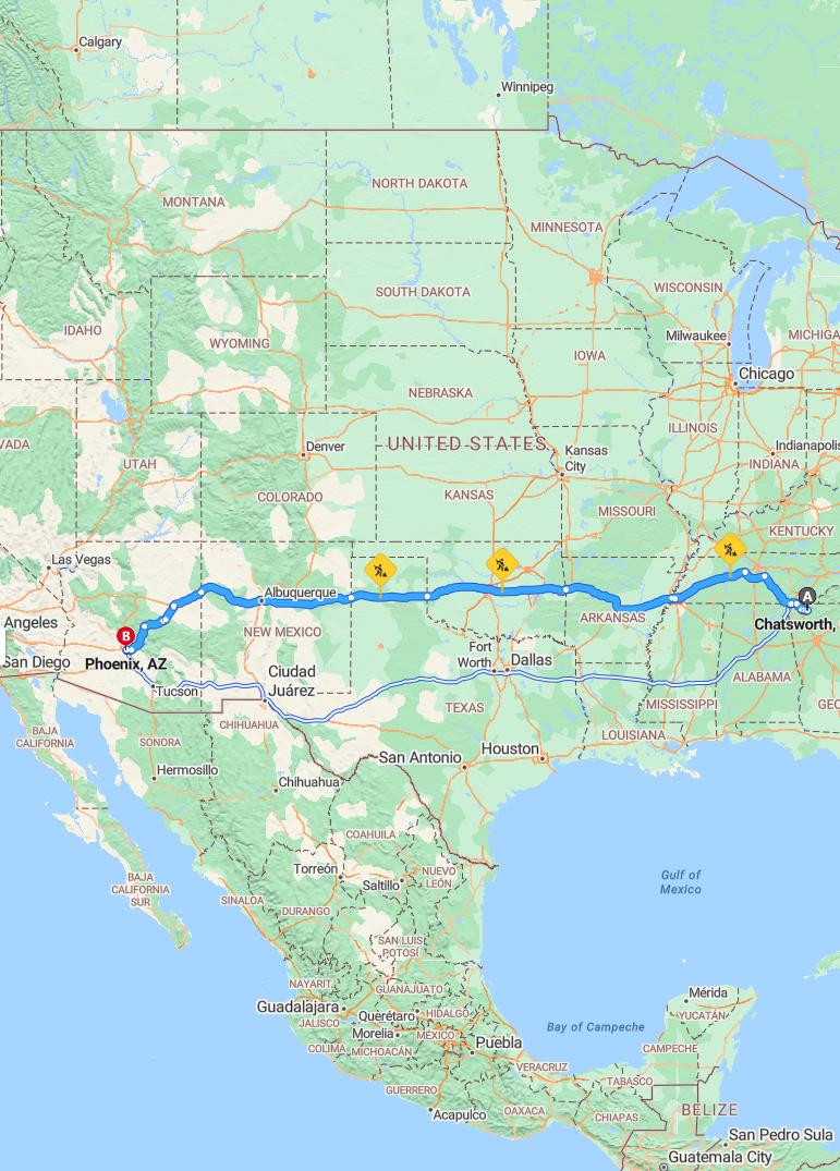 driving from Chatsworth, Georgia to PhoenixArizona - map and route