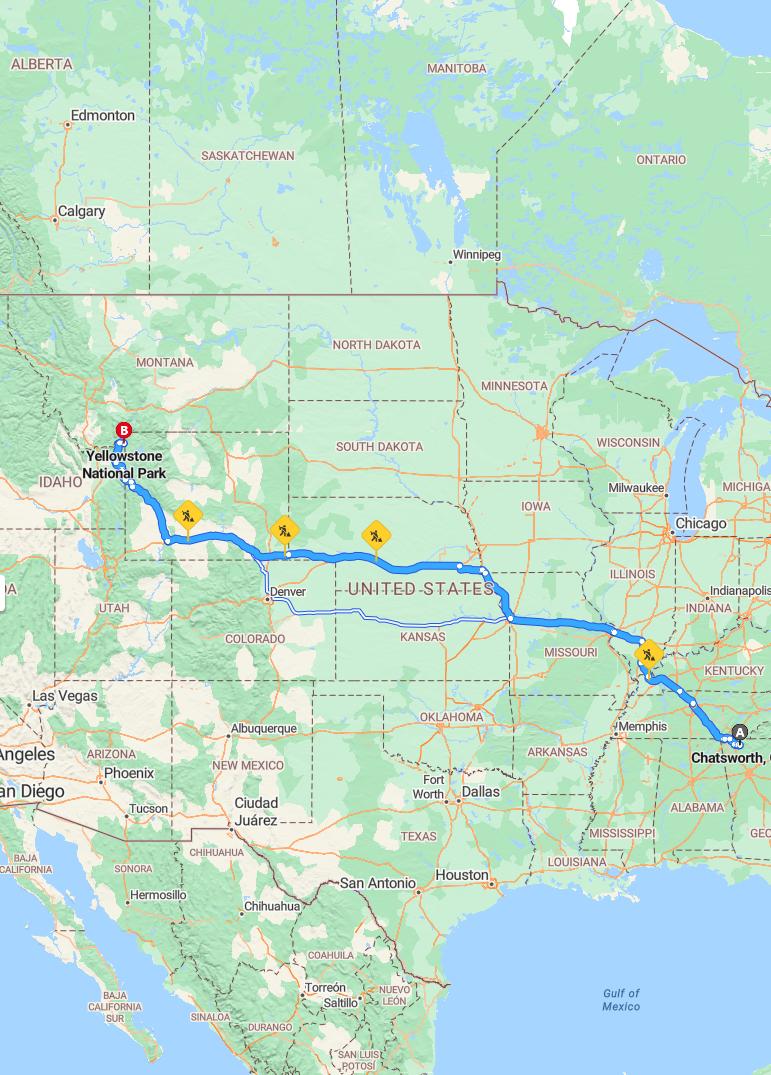 driving from Chatsworth, Georgia to YellowstoneWyoming - map and route