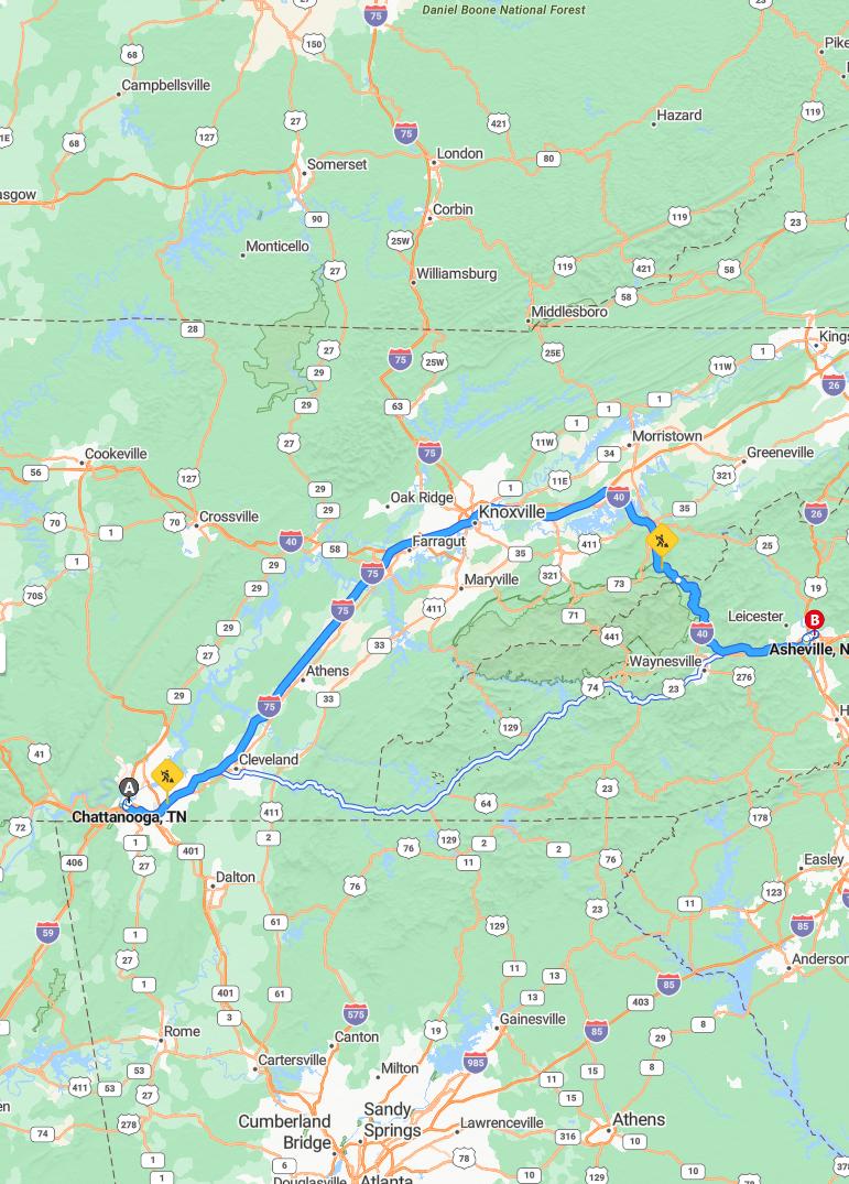 driving from Chattanooga, Tennessee to AshevilleNorth Carolina - map and route