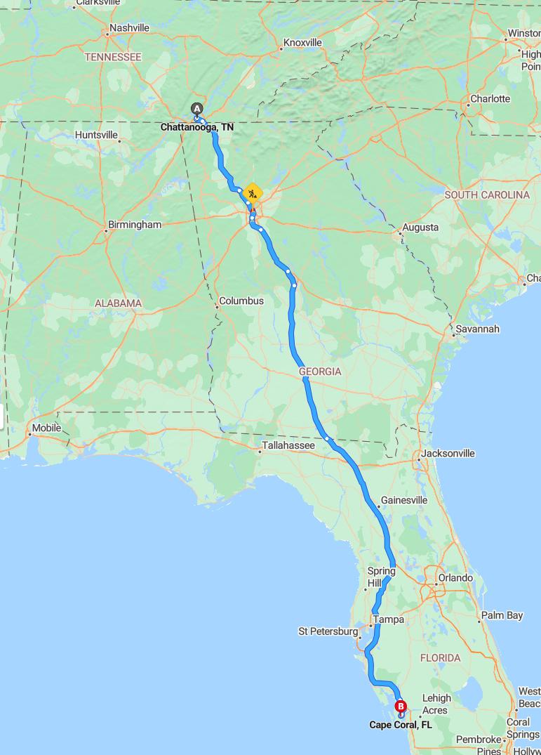 driving from Chattanooga, Tennessee to Cape CoralFlorida - map and route
