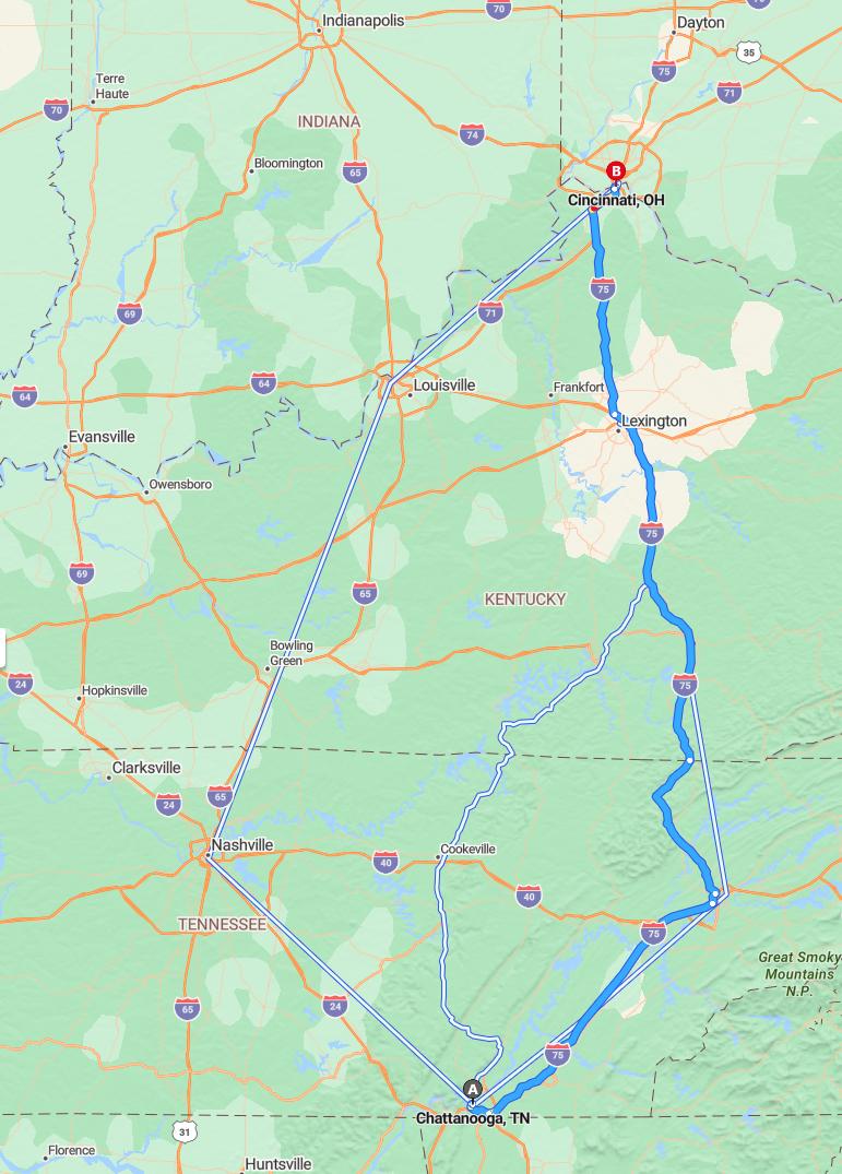 driving from Chattanooga, Tennessee to CincinnatiOhio - map and route