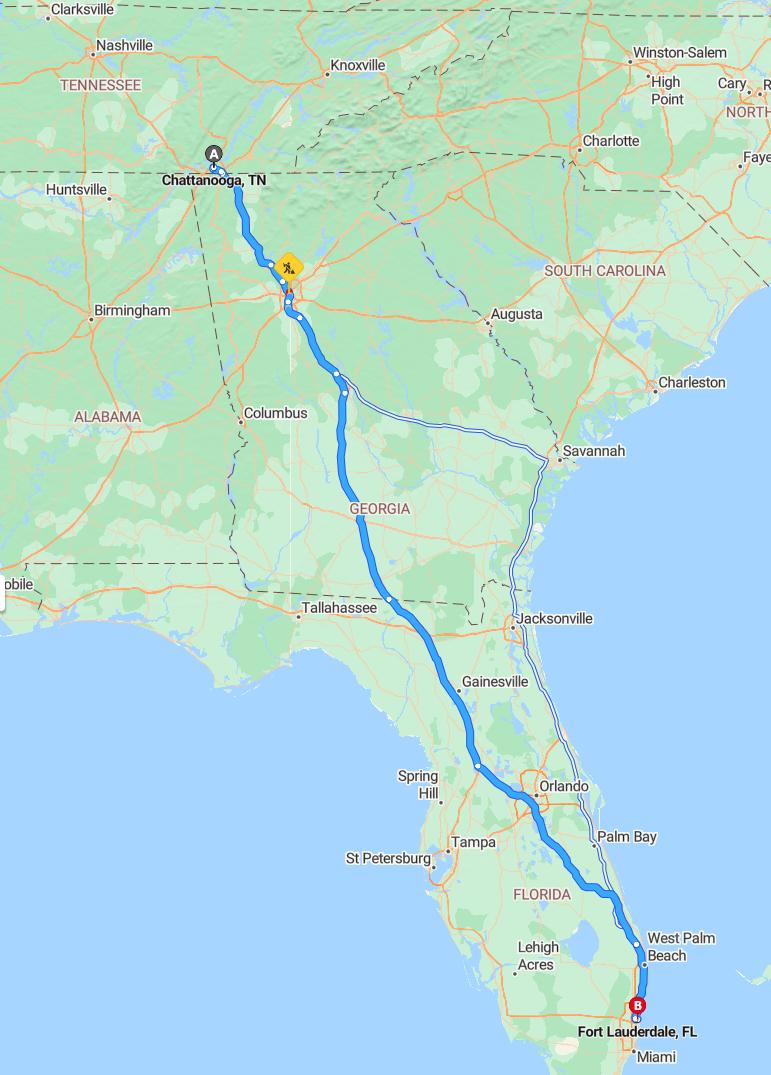 driving from Chattanooga, Tennessee to Fort LauderdaleFlorida - map and route