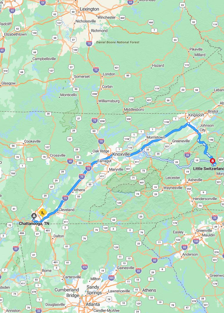 driving from Chattanooga, Tennessee to Little SwitzerlandNorth Carolina - map and route