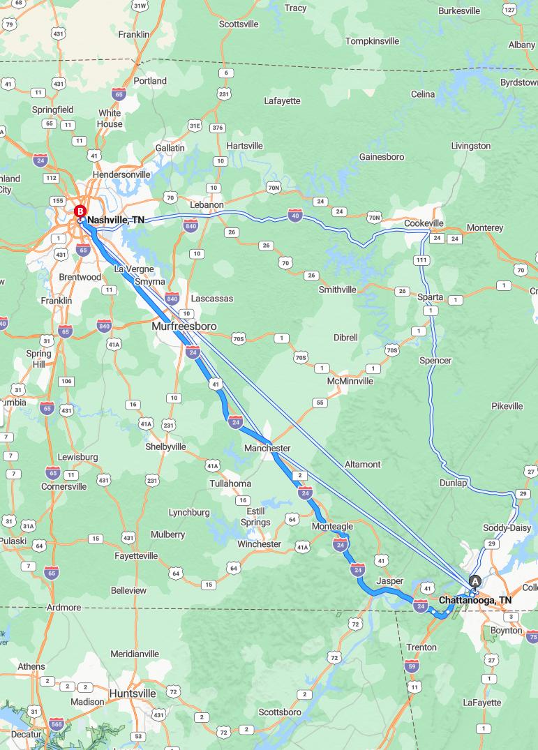 driving from Chattanooga, Tennessee to NashvilleTennessee - map and route