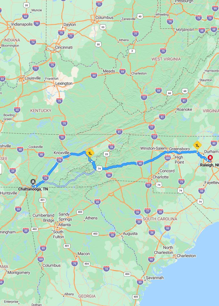 driving from Chattanooga, Tennessee to RaleighNorth Carolina - map and route