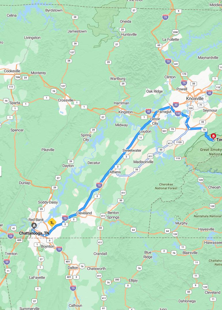 driving from Chattanooga, Tennessee to TownsendTennessee - map and route
