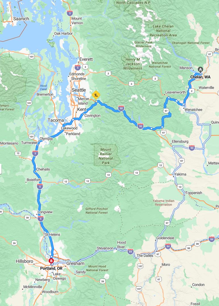 driving from Chelan, Washington to PortlandOregon - map and route