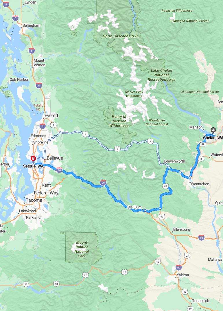 driving from Chelan, Washington to SeattleWashington - map and route