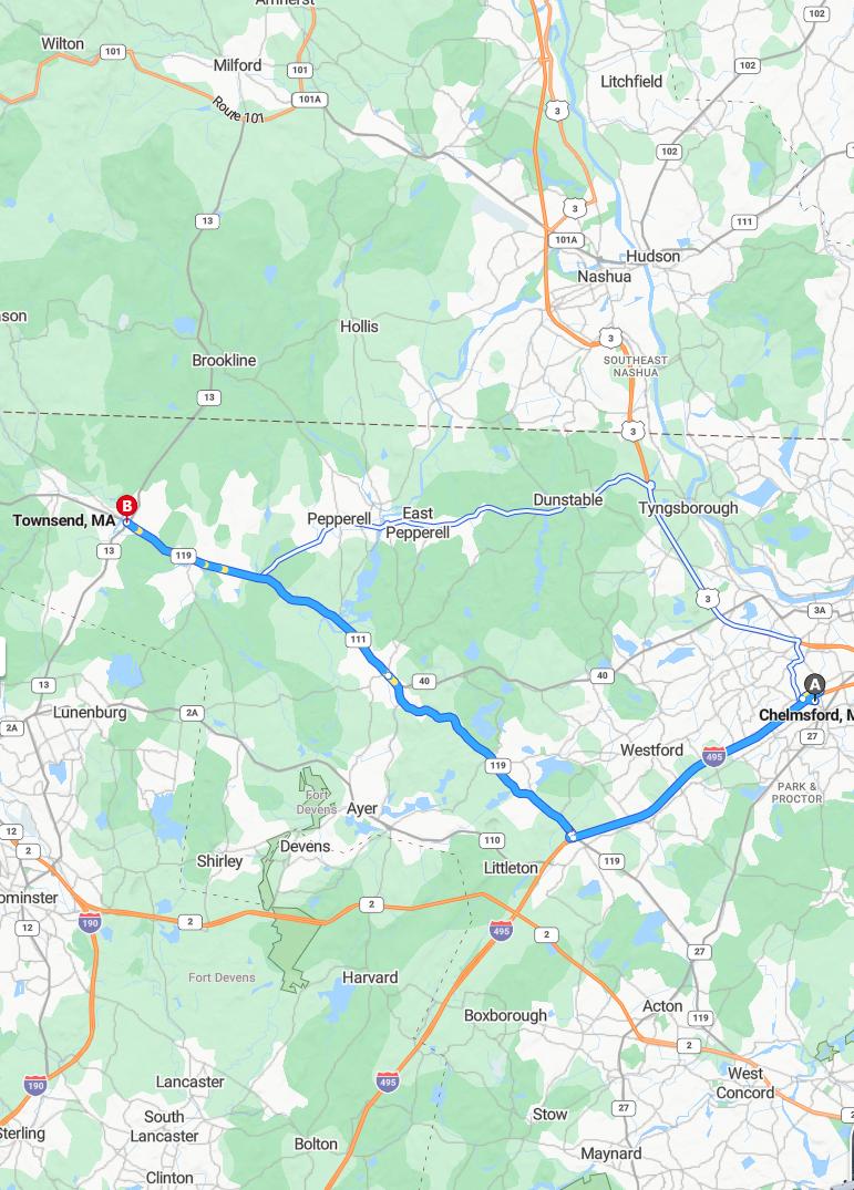 driving from Chelmsford, Massachusetts to TownsendMassachusetts - map and route
