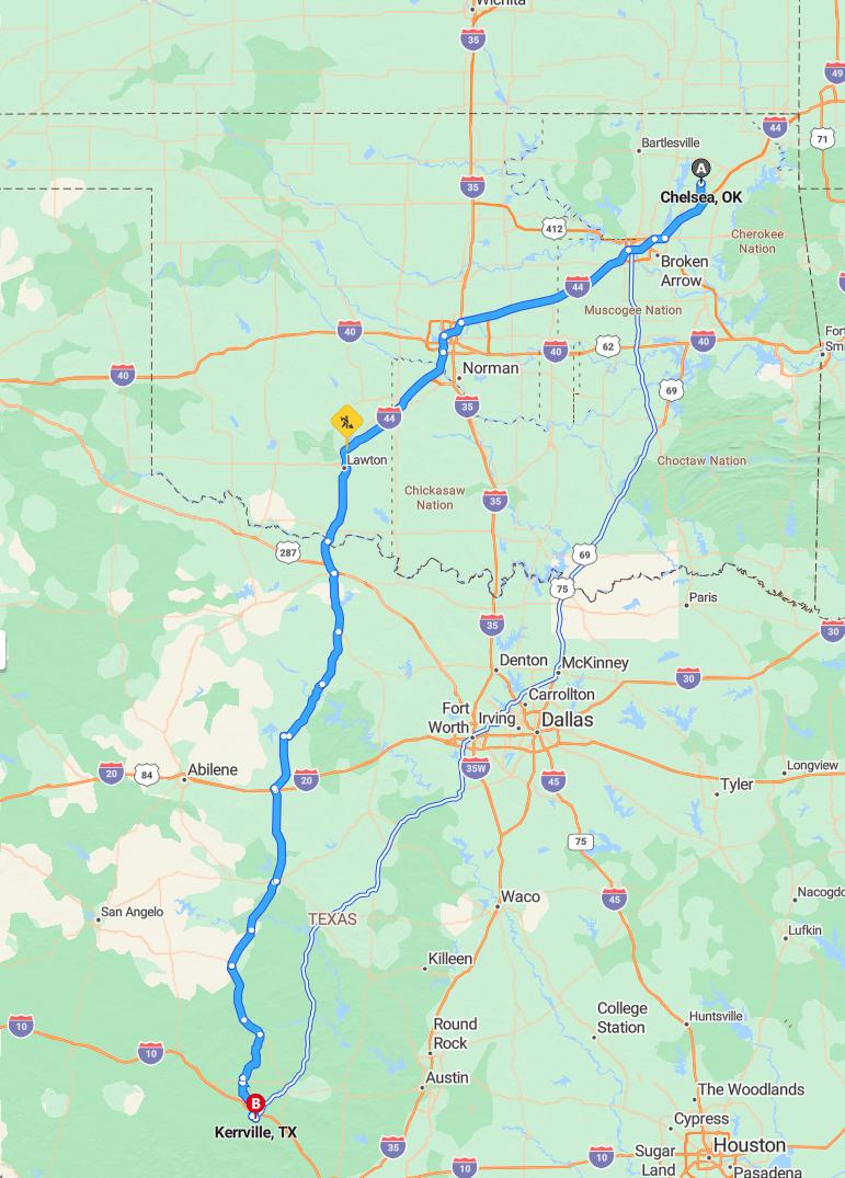 driving from Chelsea, Oklahoma to KerrvilleTexas - map and route