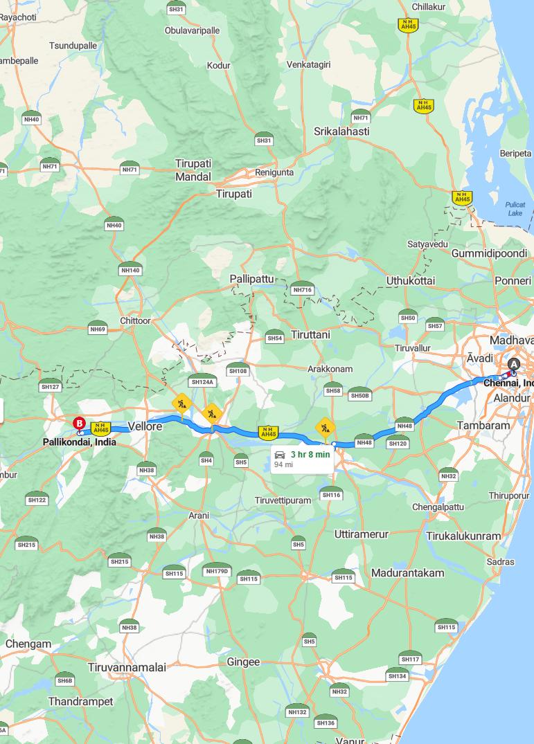 driving from Chennai, Tamil Nadu to PallikondaTamil Nadu - map and route