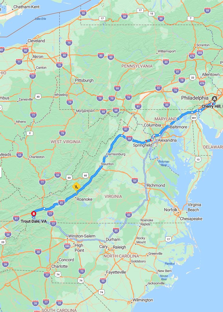 driving from Cherry Hill, New Jersey to TroutdaleVirginia - map and route